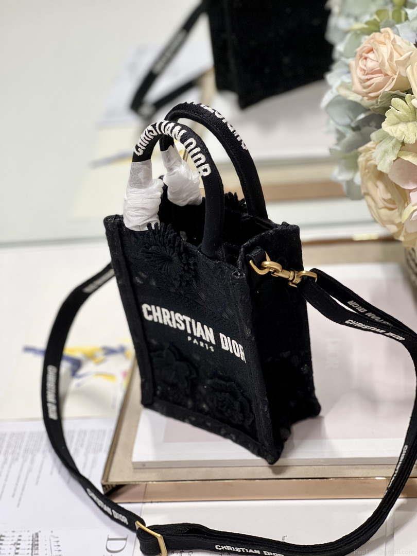 Dior S5555 Mini Dior Book Tote Phone Bag Black lace flowers S1108