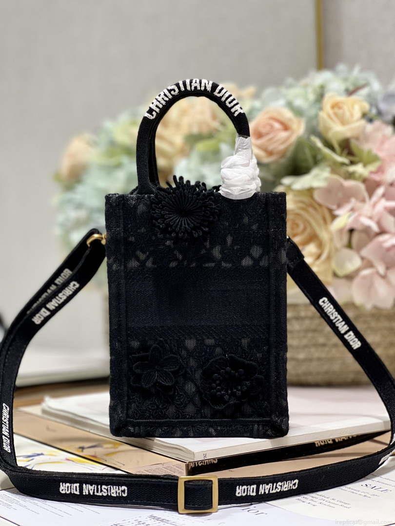 Dior S5555 Mini Dior Book Tote Phone Bag Black lace flowers S1108