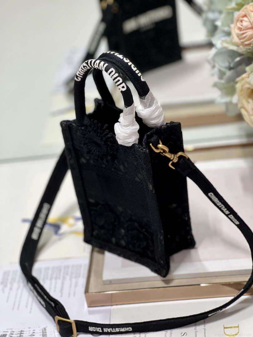 Dior S5555 Mini Dior Book Tote Phone Bag Black lace flowers S1108