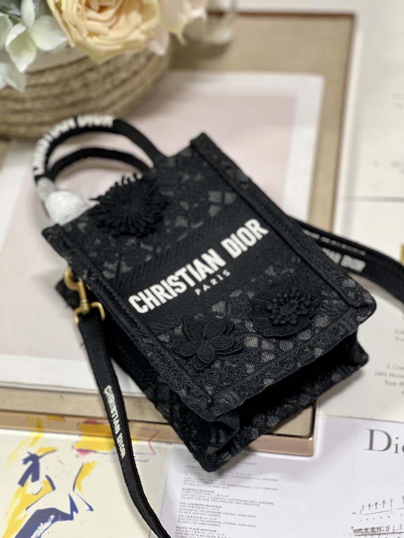 Dior S5555 Mini Dior Book Tote Phone Bag Black lace flowers S1108