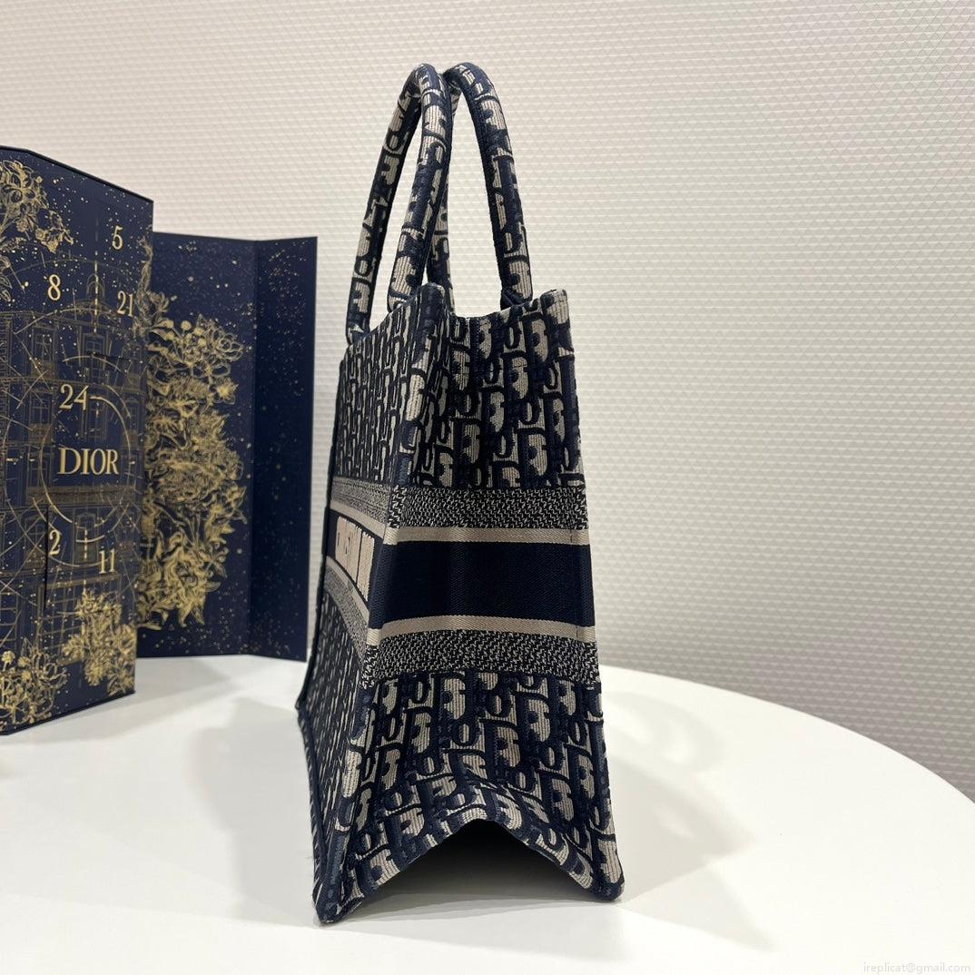 Dior Book Tote M1296 Medium Ecru and Blue Dior Oblique Embroidery