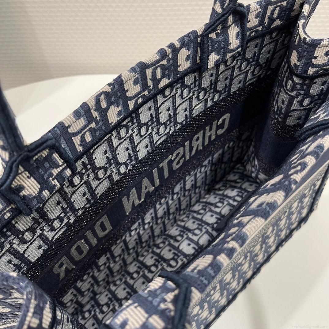 Dior Book Tote M1296 Medium Ecru and Blue Dior Oblique Embroidery
