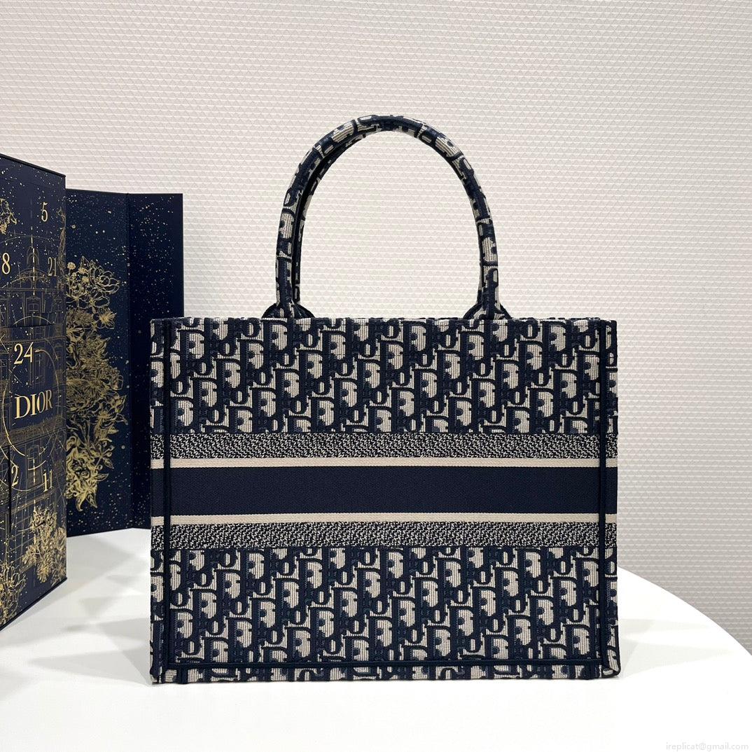 Dior Book Tote M1296 Medium Ecru and Blue Dior Oblique Embroidery