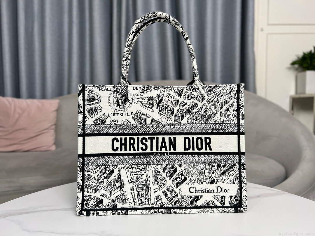 Dior Book Tote M1296 Medium Dior Black and White Plan de Paris Embroidery