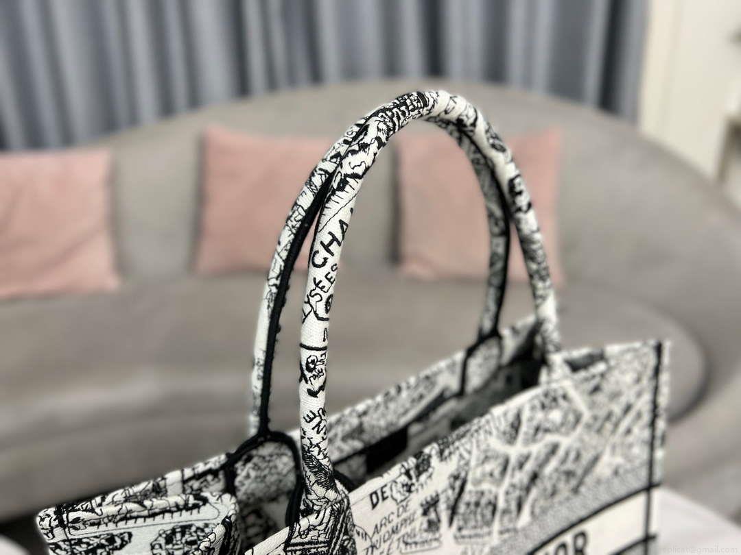 Dior Book Tote M1296 Medium Dior Black and White Plan de Paris Embroidery