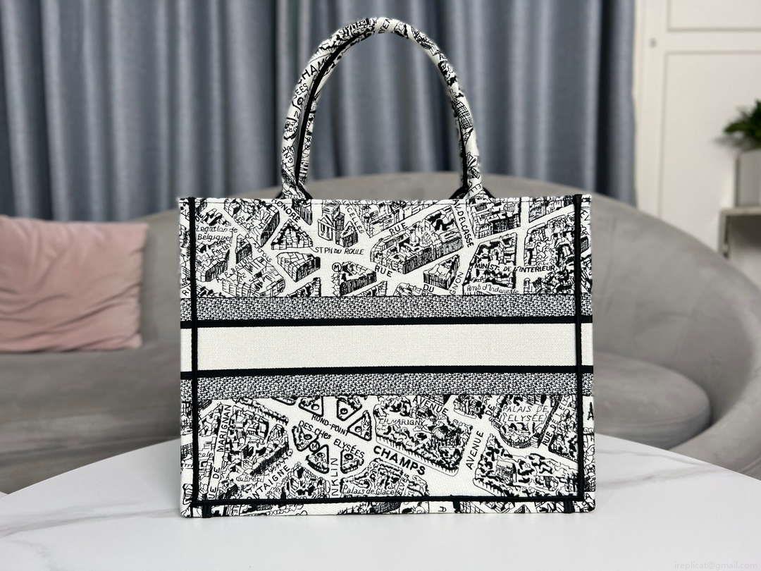 Dior Book Tote M1296 Medium Dior Black and White Plan de Paris Embroidery