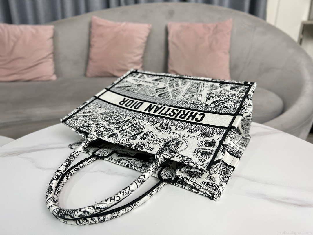 Dior Book Tote M1296 Medium Dior Black and White Plan de Paris Embroidery