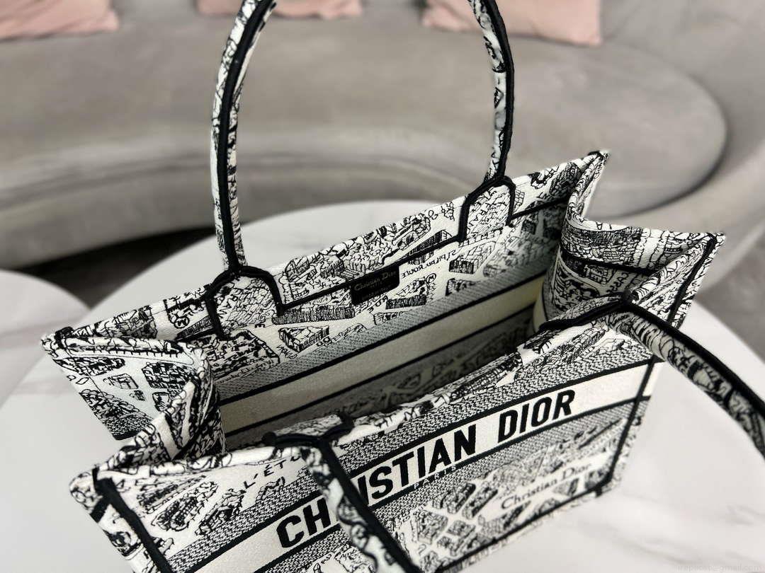 Dior Book Tote M1296 Medium Dior Black and White Plan de Paris Embroidery