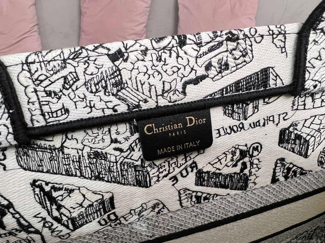 Dior Book Tote M1296 Medium Dior Black and White Plan de Paris Embroidery