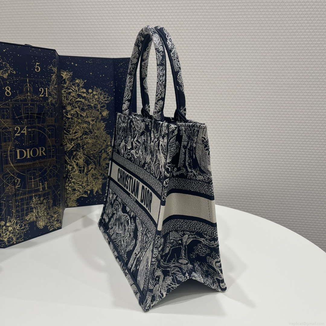 Dior Book Tote M1296 Medium Ecru and Blue Toile de Jouy Embroidery M0073