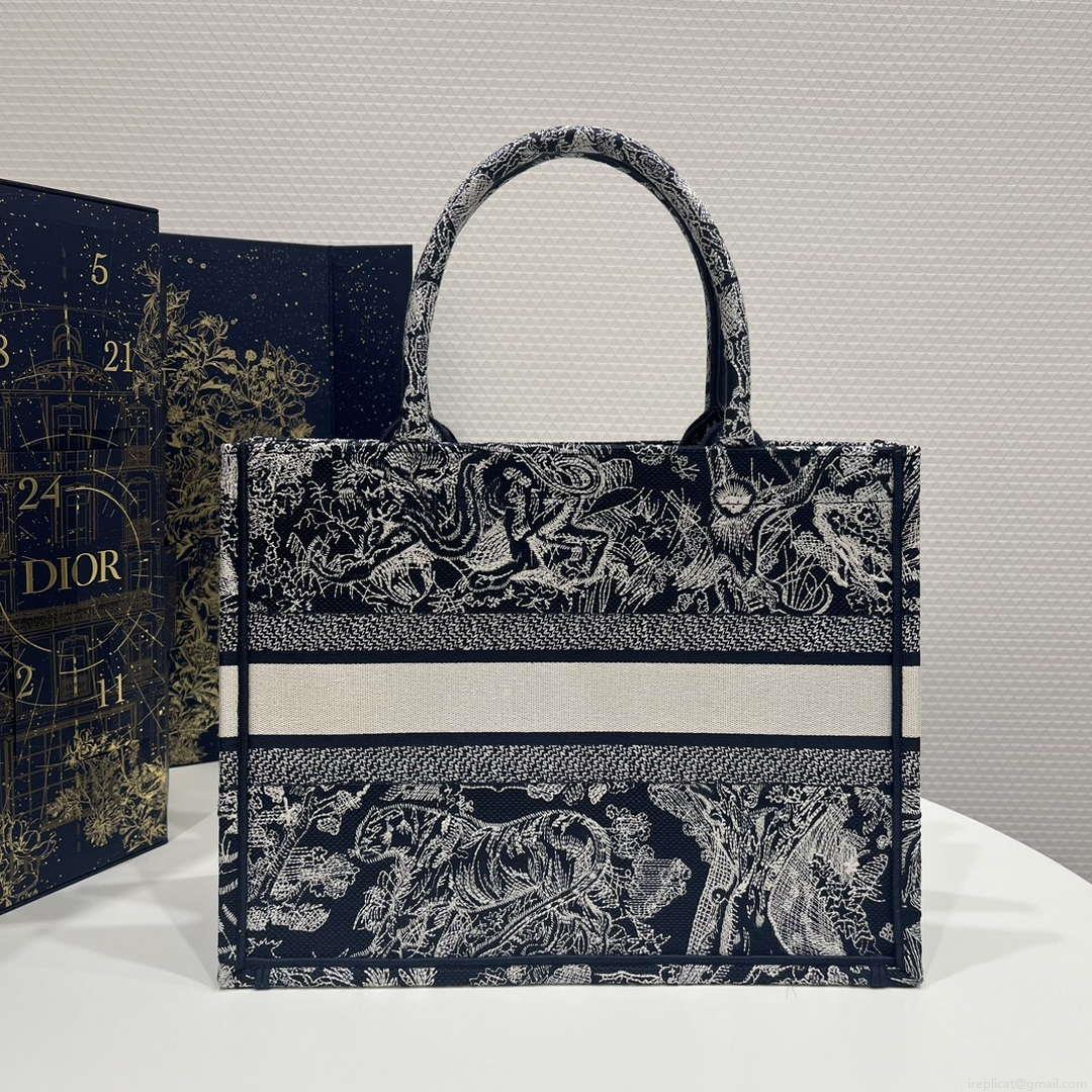 Dior Book Tote M1296 Medium Ecru and Blue Toile de Jouy Embroidery M0073