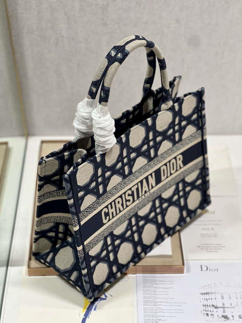 Dior Book Tote M1296 Medium Beige and Blue Macrocannage Embroidery M0080