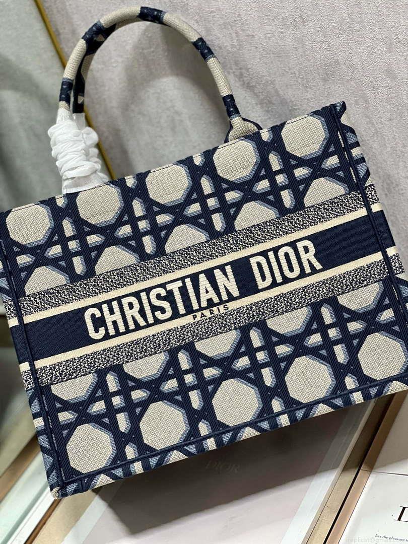 Dior Book Tote M1296 Medium Beige and Blue Macrocannage Embroidery M0080