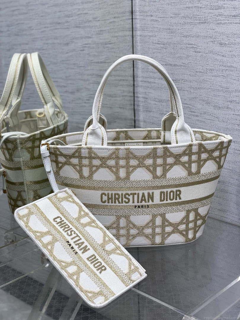 Dior M1328 Hat Basket Bag White and Gold-Tone Macrocannage Embroidery