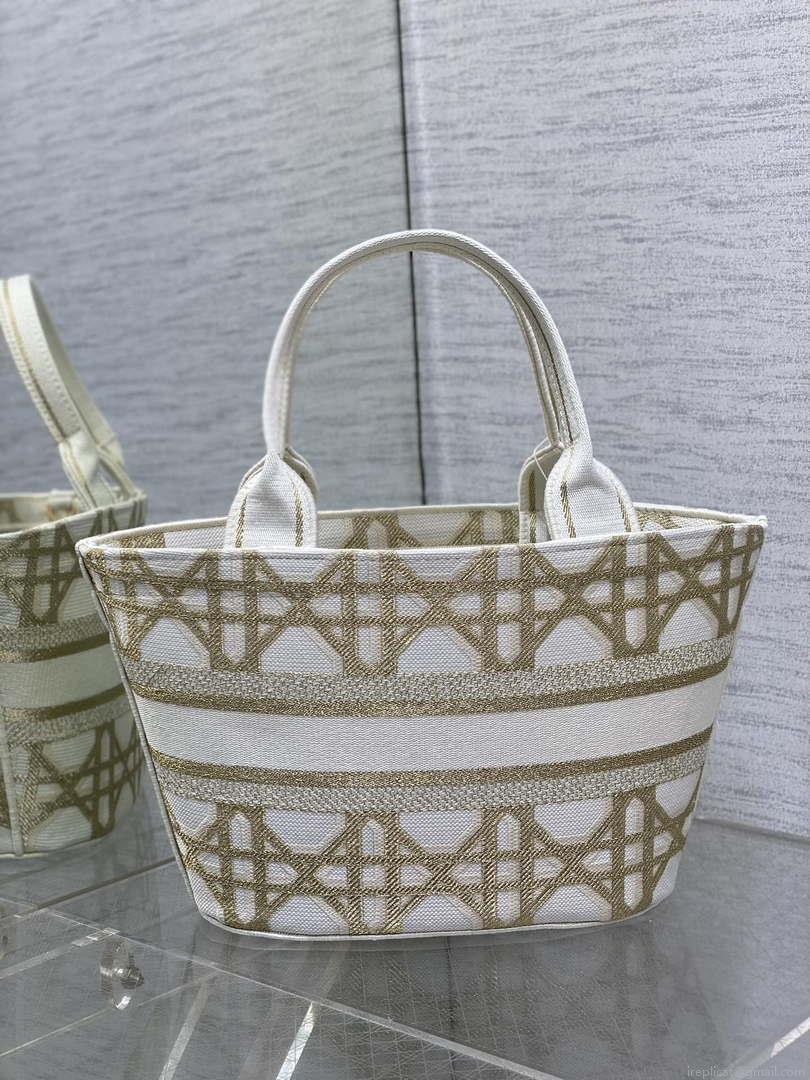Dior M1328 Hat Basket Bag White and Gold-Tone Macrocannage Embroidery