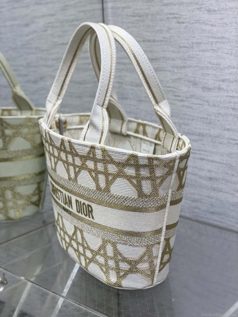 Dior M1328 Hat Basket Bag White and Gold-Tone Macrocannage Embroidery