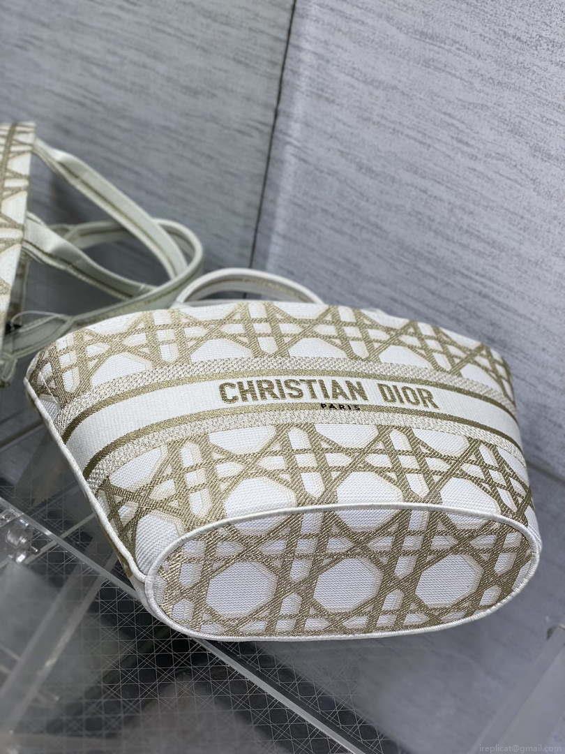 Dior M1328 Hat Basket Bag White and Gold-Tone Macrocannage Embroidery