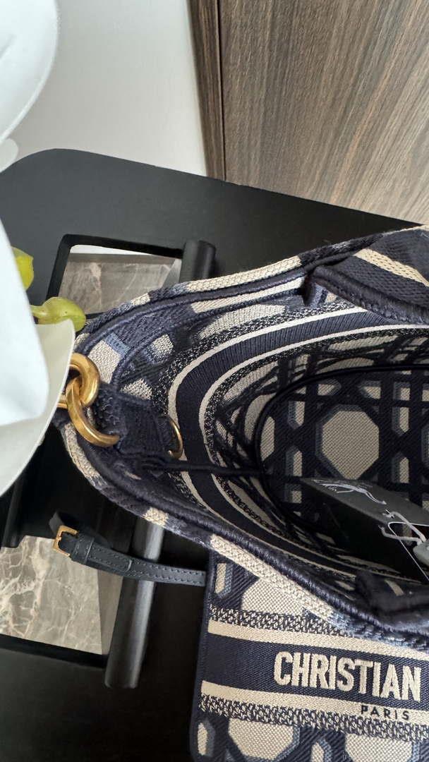 Dior M1328 Hat Basket Bag White and Blue with Gold-Tone Macrocannage Embroidery