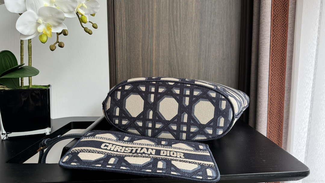 Dior M1328 Hat Basket Bag White and Blue with Gold-Tone Macrocannage Embroidery