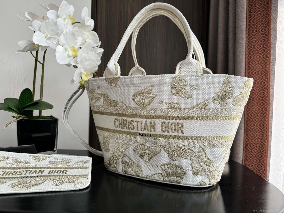 Dior M1328 Hat Basket Bag White and Gold-tone Gradient Butterflies Embroidery