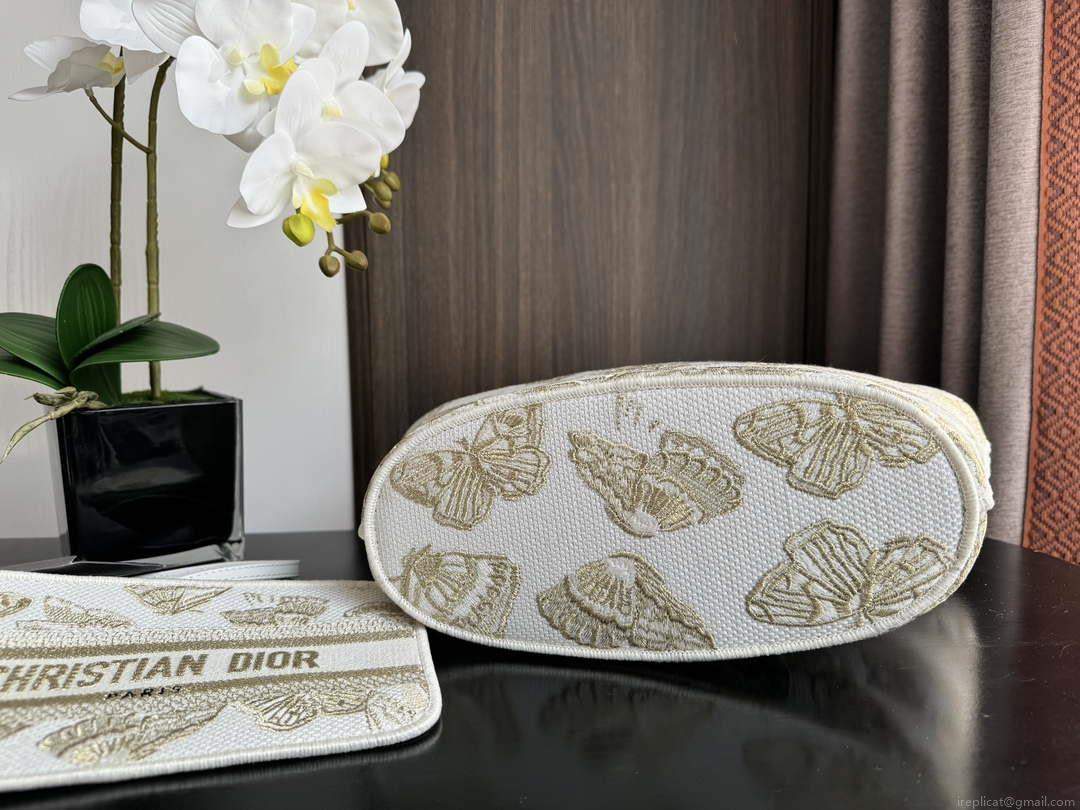 Dior M1328 Hat Basket Bag White and Gold-tone Gradient Butterflies Embroidery