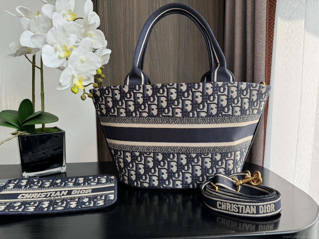 Dior M1328 Hat Basket Bag Navy Blue and Gold-tone Blue Dior Oblique Jacquard