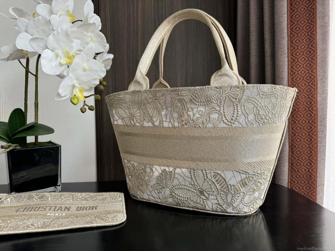 Dior M1328 Hat Basket Bag Beige D-Lace Butterfly Embroidery with Macramé Effec