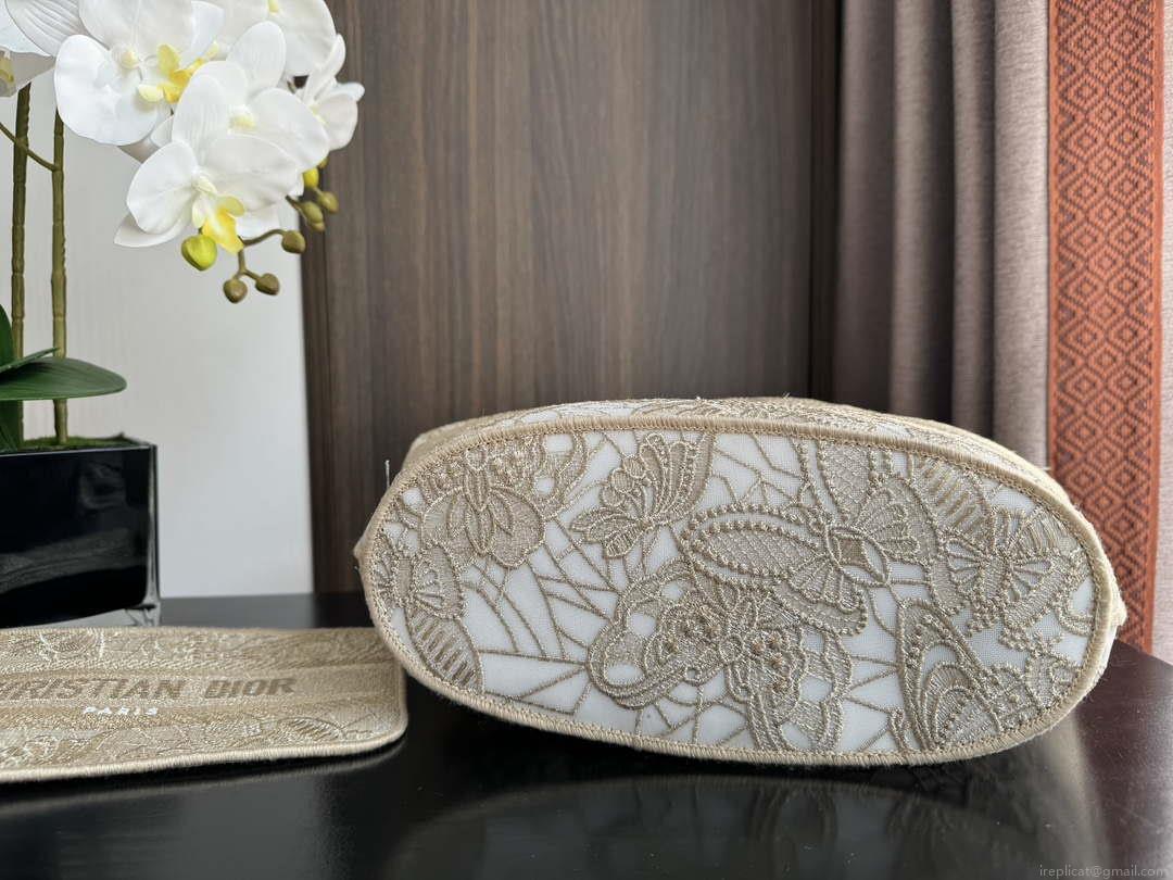 Dior M1328 Hat Basket Bag Beige D-Lace Butterfly Embroidery with Macramé Effec