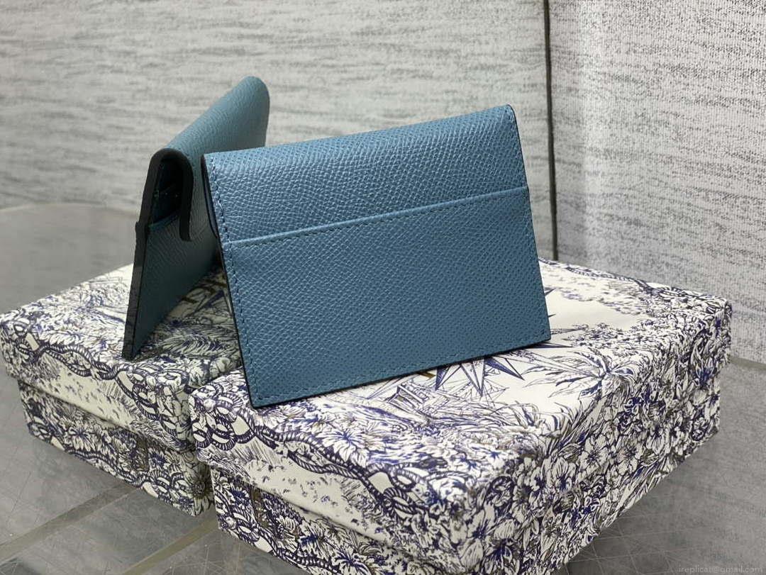 Dior S5611 Saddle Flap Card Holder Blue Grained Calfskin