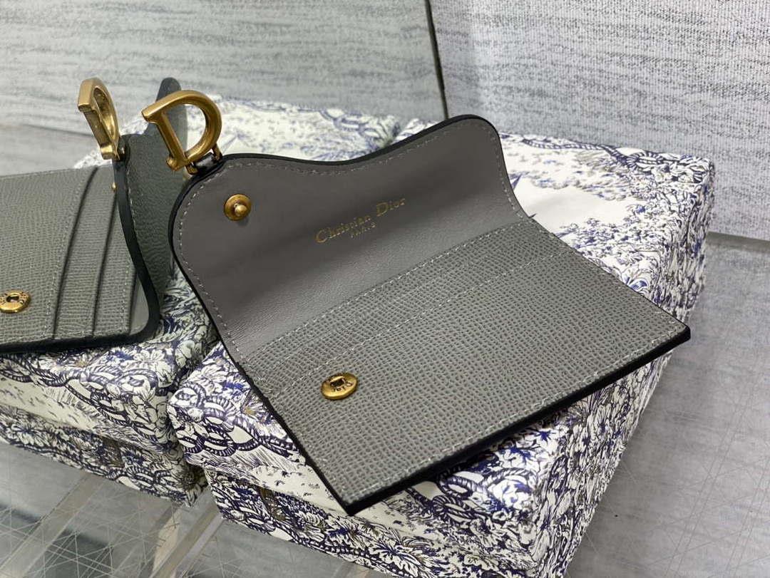 Dior S5611 Saddle Flap Card Holder Gray Grained Calfskin