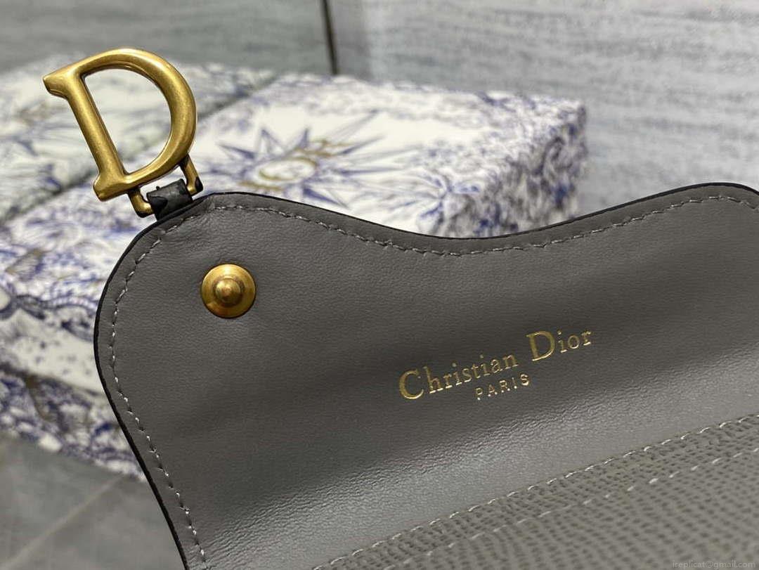 Dior S5611 Saddle Flap Card Holder Gray Grained Calfskin