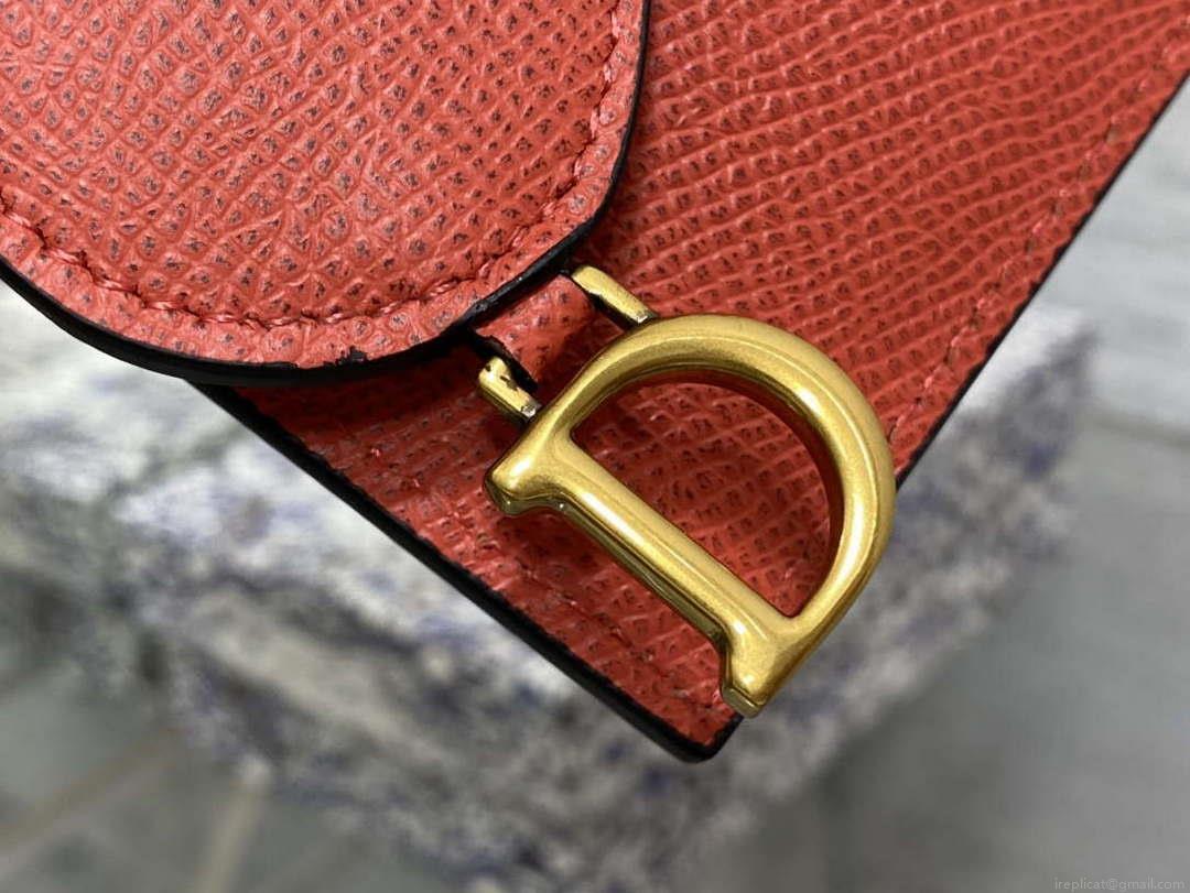 Dior S5611 Saddle Flap Card Holder Orange Red Grained Calfskin