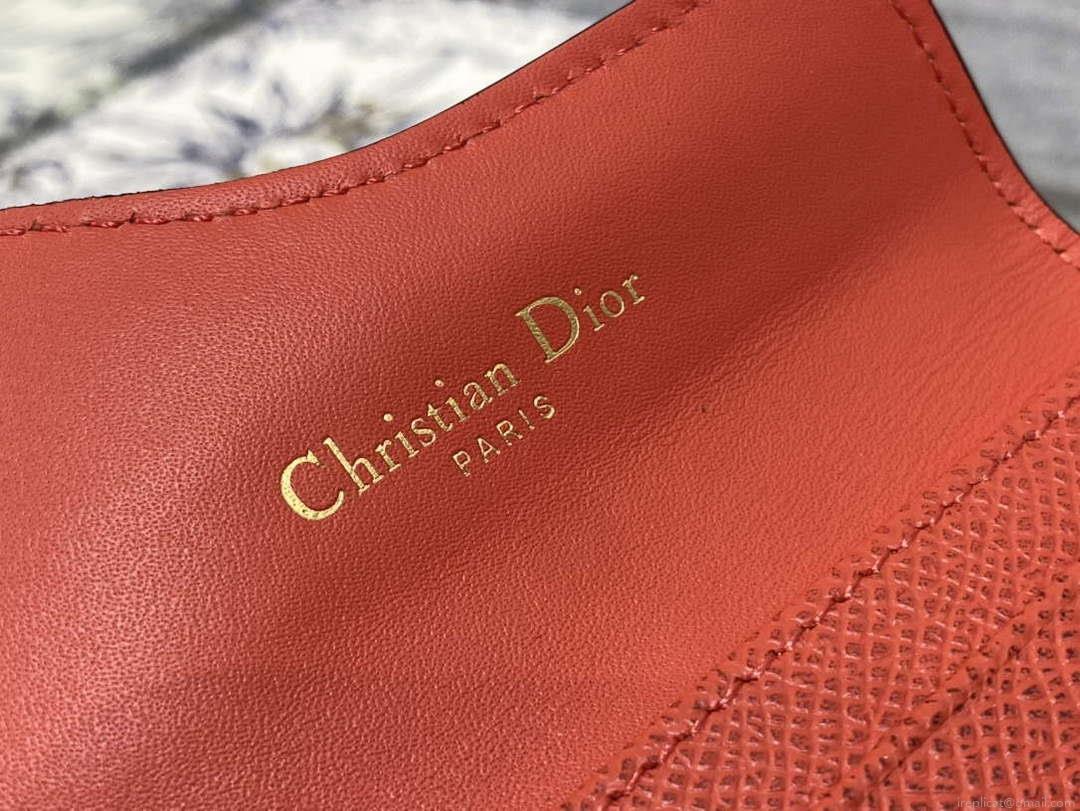 Dior S5611 Saddle Flap Card Holder Orange Red Grained Calfskin
