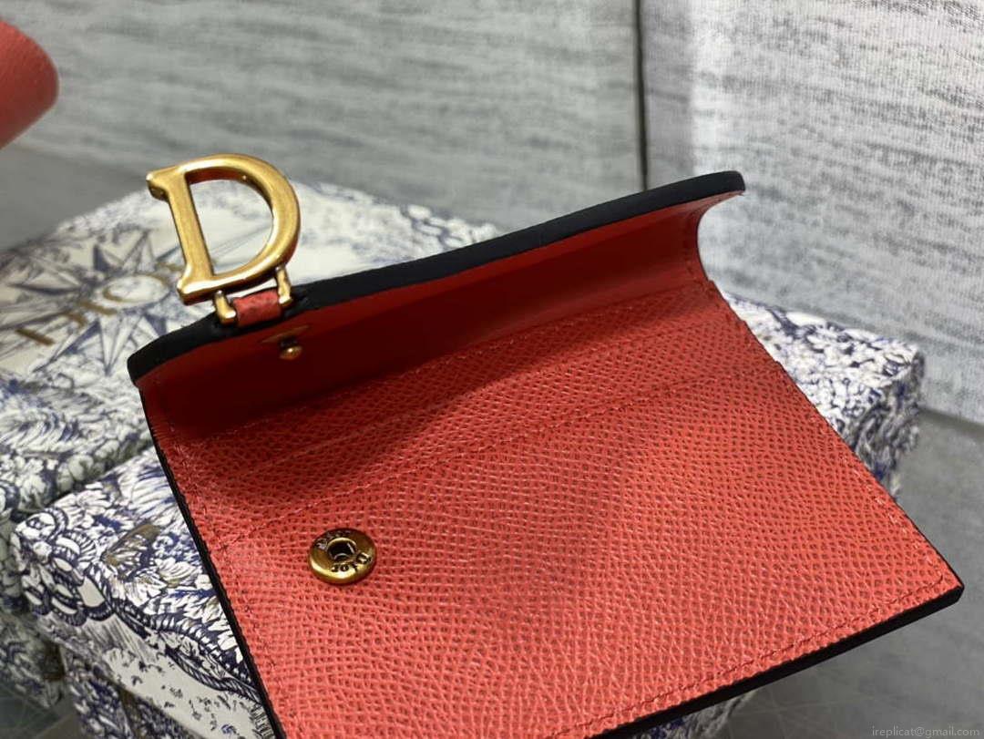 Dior S5611 Saddle Flap Card Holder Orange Red Grained Calfskin