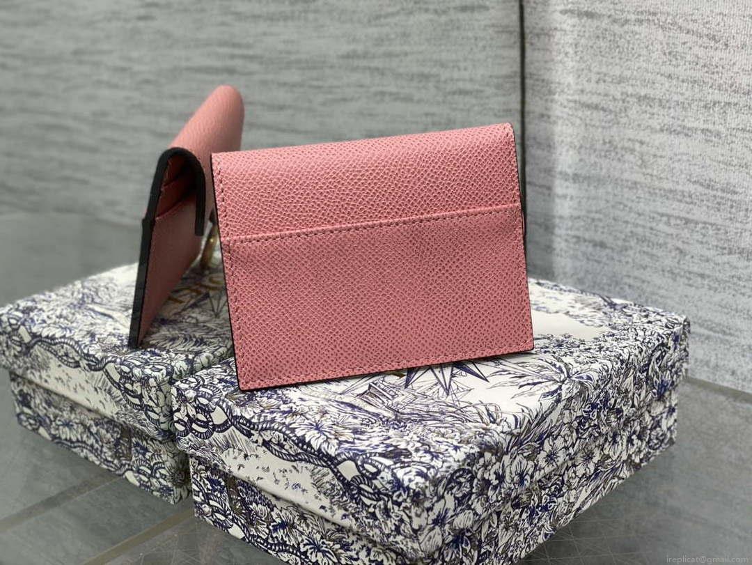 Dior S5611 Saddle Flap Card Holder Pink Grained Calfskin