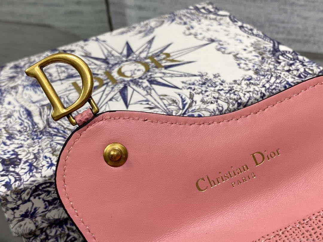 Dior S5611 Saddle Flap Card Holder Pink Grained Calfskin