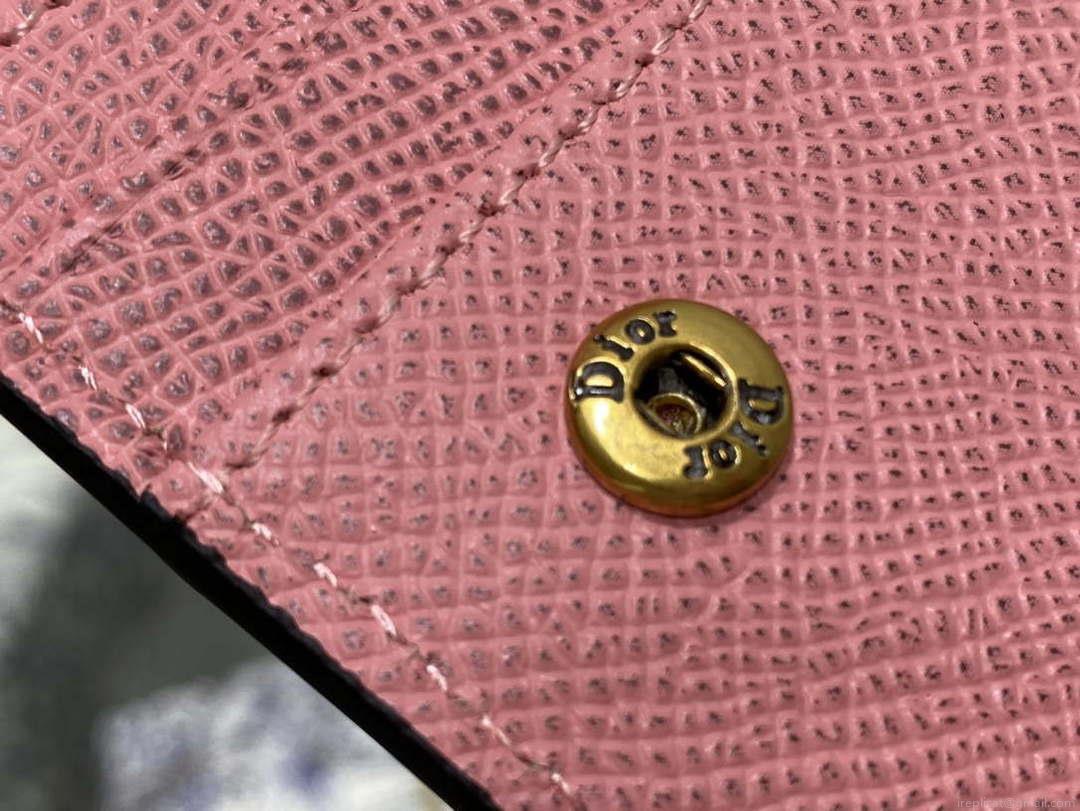 Dior S5611 Saddle Flap Card Holder Pink Grained Calfskin