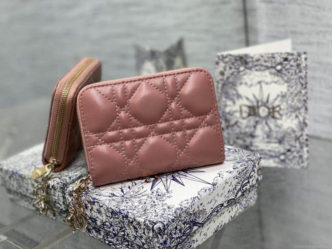 Dior S0011 Lady Dior Zipper Card Holder Medium Pink Cannage Lambskin