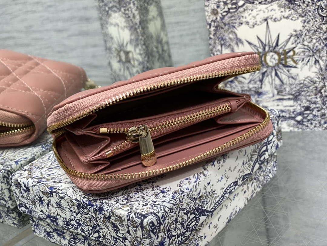 Dior S0011 Lady Dior Zipper Card Holder Medium Pink Cannage Lambskin