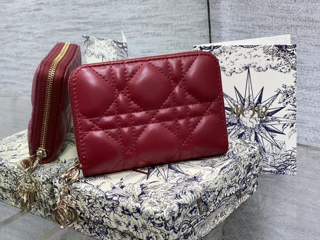 Dior S0011 Lady Dior Zipper Card Holder Medium Wine Red Cannage Lambskin
