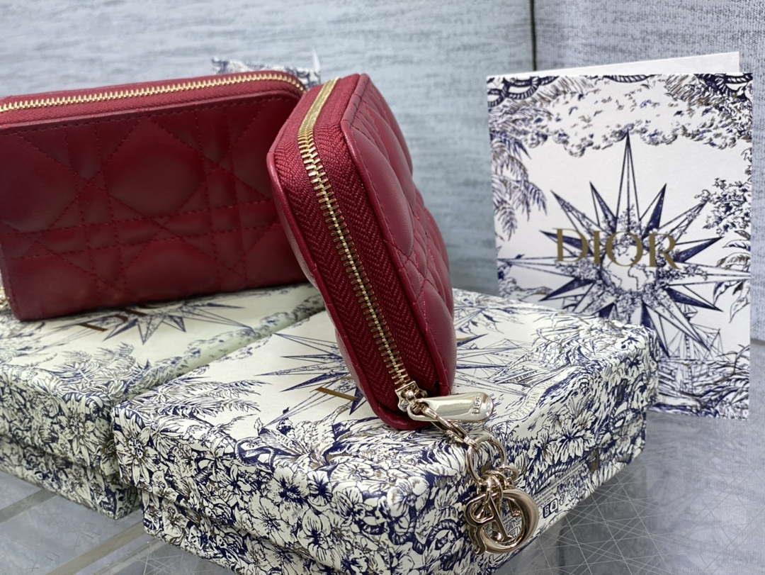 Dior S0011 Lady Dior Zipper Card Holder Medium Wine Red Cannage Lambskin