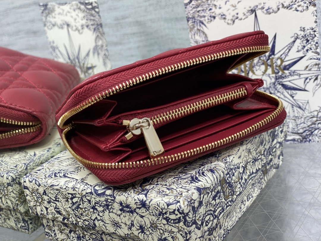 Dior S0011 Lady Dior Zipper Card Holder Medium Wine Red Cannage Lambskin