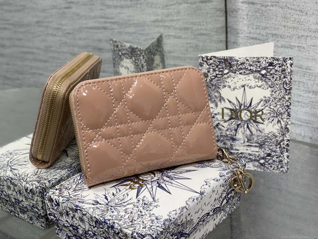 Dior S0011 Lady Dior Zipper Card Holder Medium Light Pink patent leather Lambskin
