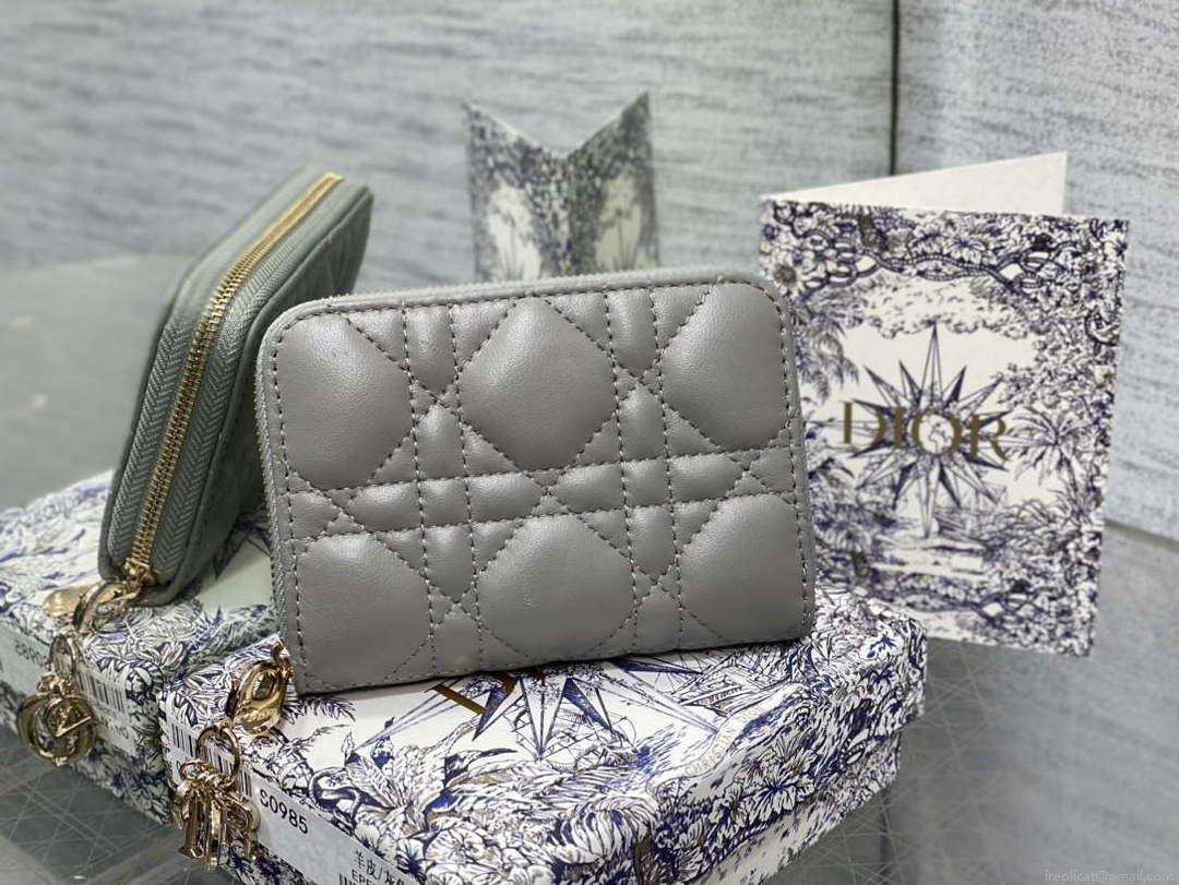Dior S0011 Lady Dior Zipper Card Holder Medium Gray Cannage Lambskin