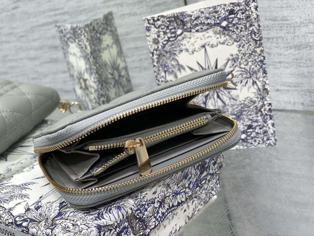 Dior S0011 Lady Dior Zipper Card Holder Medium Gray Cannage Lambskin