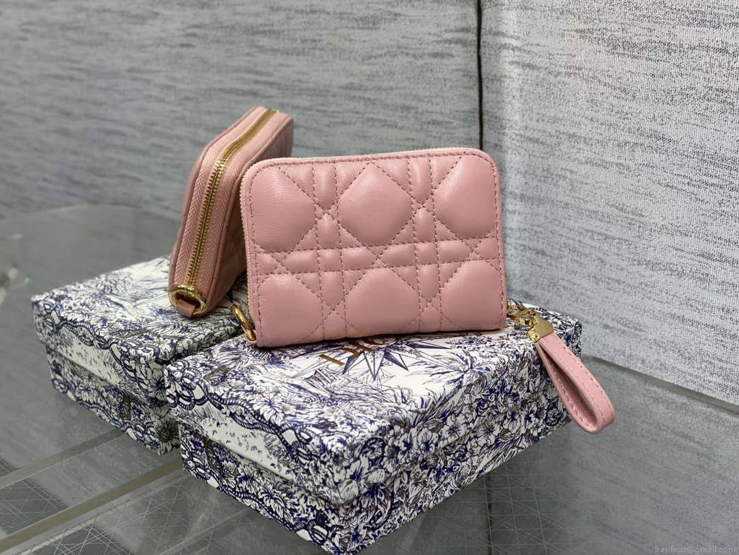 Dior S0011 Lady Dior Zipper Card Holder Medium Light Pink Cannage Lambskin
