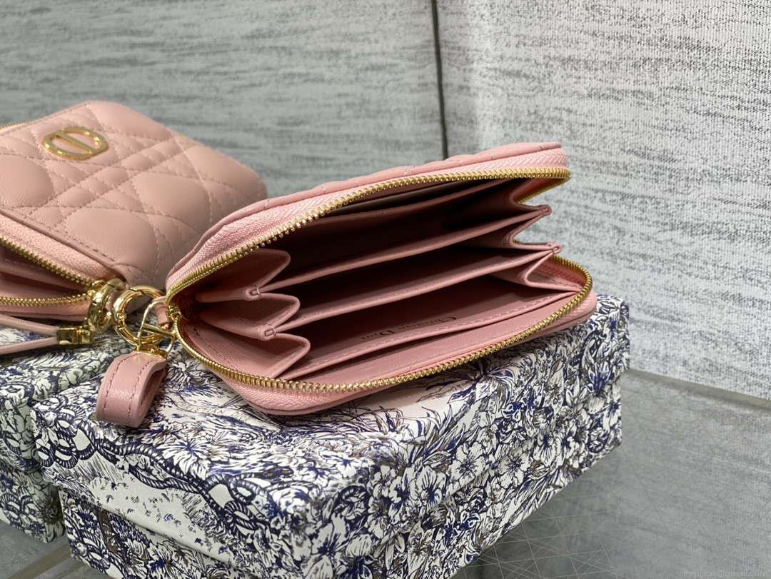 Dior S0011 Lady Dior Zipper Card Holder Medium Light Pink Cannage Lambskin