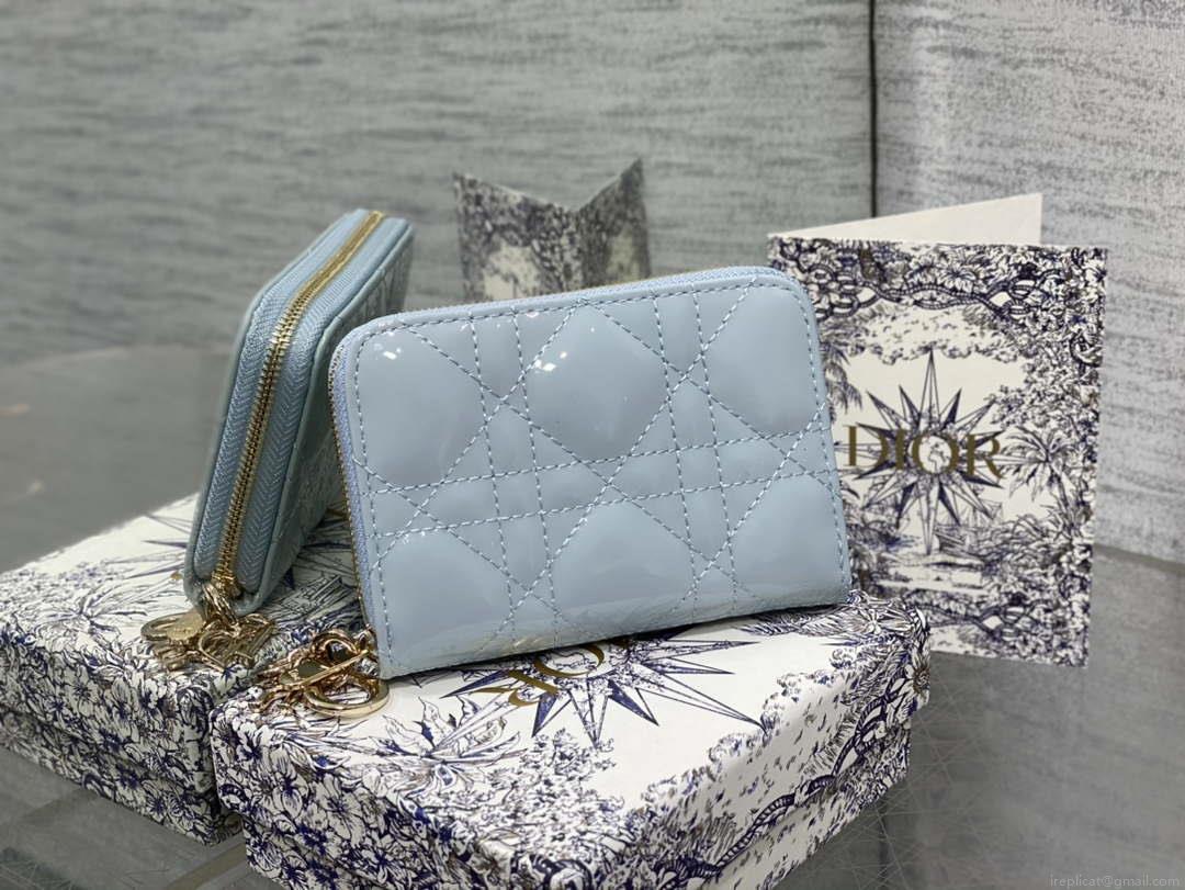 Dior S0011 Lady Dior Zipper Card Holder Medium Light Blue patent leather Lambskin