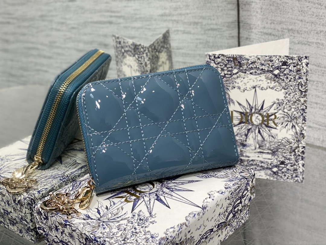 Dior S0011 Lady Dior Zipper Card Holder Medium Blue patent leather Lambskin