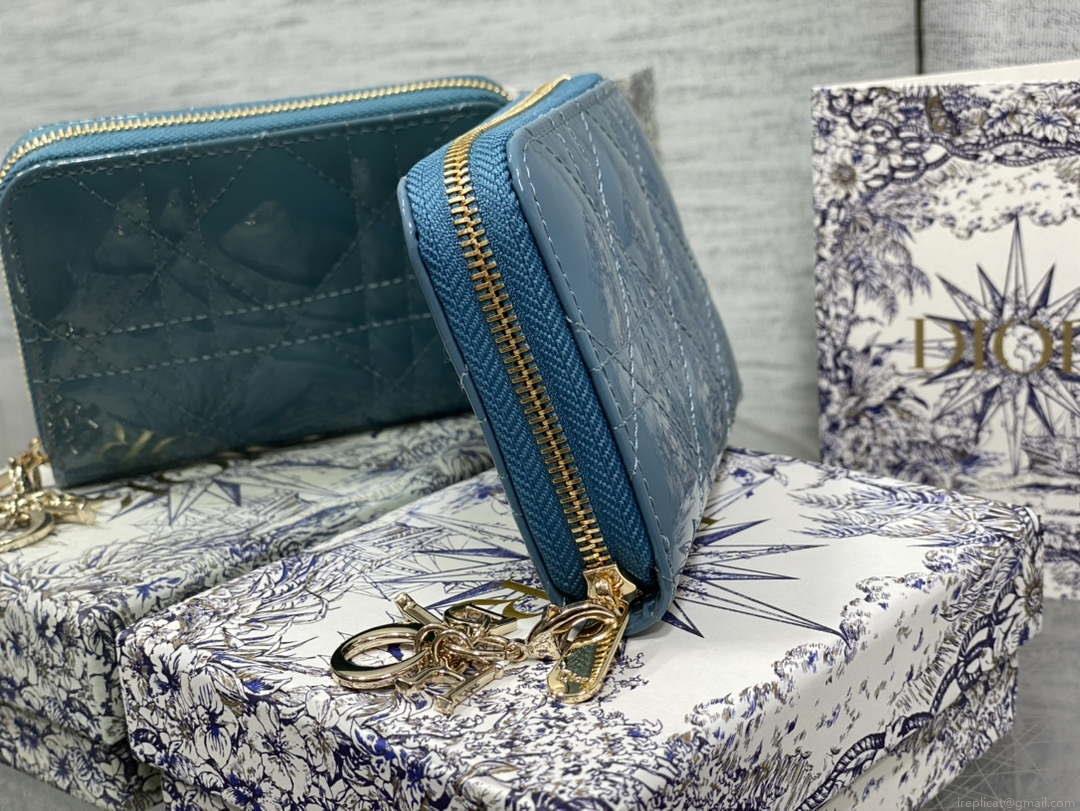 Dior S0011 Lady Dior Zipper Card Holder Medium Blue patent leather Lambskin